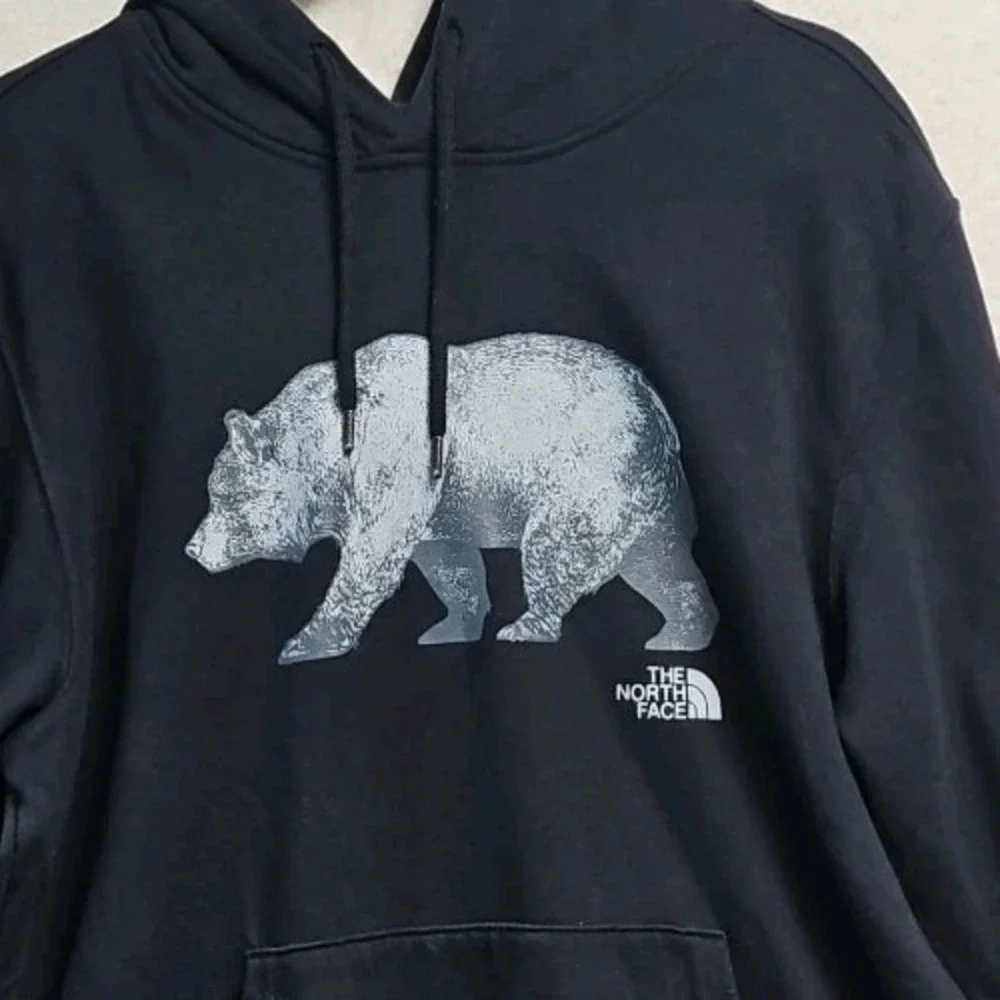 The North Face Mens Size L Blue Hoodie Pullover Sweatshirt Grizzly Bear